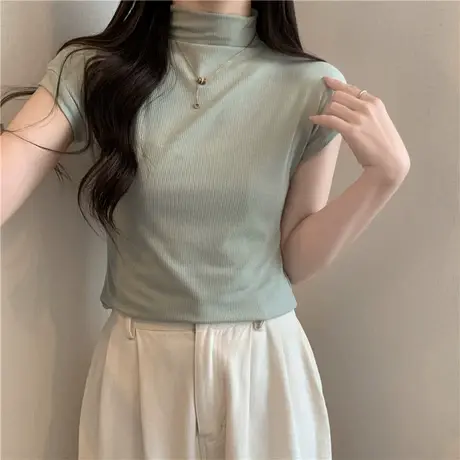 ins超火半高领短袖T恤女早春夏装2024新款修身打底衫短款半袖上衣商品大图