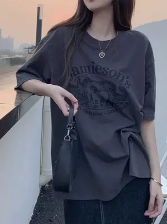 灰色t恤女大码bf风美式复古高级感短袖ins潮纯棉小众显瘦半袖上衣商品大图