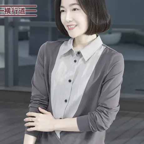 2025新款春季翻领假两件上衣宽松中年妈妈长袖T恤女大码外穿女装商品大图