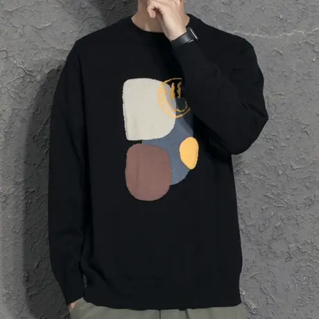 奕飏男装2022秋冬新款笑脸毛衣套头针织衫宽松情侣圆领潮流打底衫图片