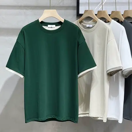短袖t恤男夏季日系简约男装休闲百搭上衣潮流ins宽松假两件五分袖商品大图