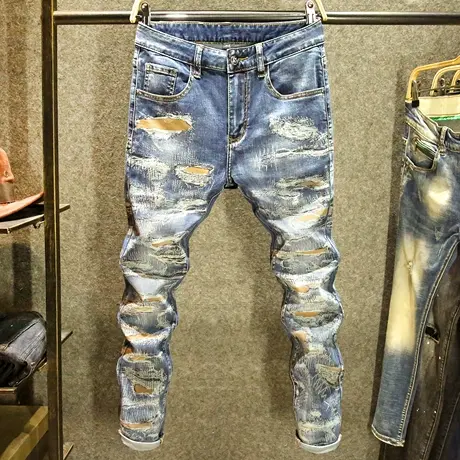 潮牌个性印花牛仔裤男士ins潮修身小脚裤男款街头嘻哈痞帅裤子男商品大图