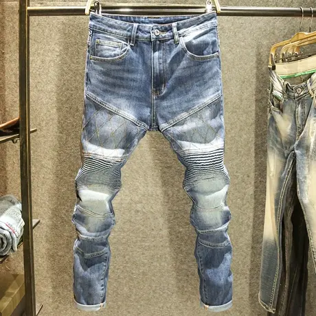 高端品质美式机车牛仔裤男款修身小脚弹力裤子个性拼接潮流裤子男商品大图