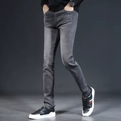 2023新款秋冬薄绒牛仔裤男灰色潮牌修身小脚潮流百搭男士弹力裤子商品大图