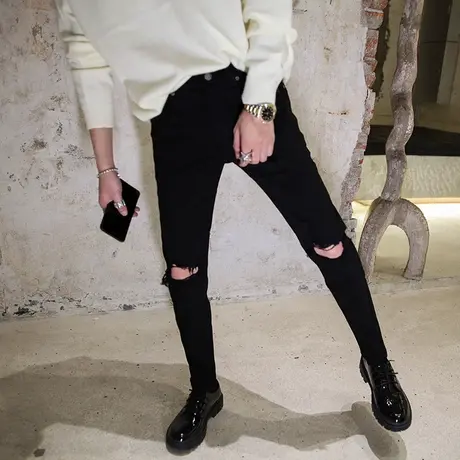 春秋黑色牛仔裤男士网红青年休闲小脚长裤学生帅破洞乞丐裤子潮裤图片