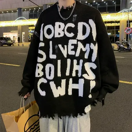 国潮嘻哈不规则破洞满印字母毛衣男女oversize设计感保暖针织毛衫图片