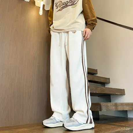 休闲裤男春秋季2023年新款美式高街条纹垂感裤子男款潮牌运动长裤图片