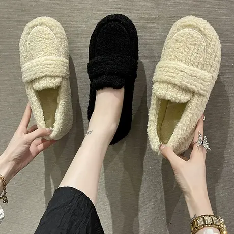 羊羔毛加绒豆豆鞋2023年新款港风一字带毛毛鞋女冬外穿深口棉瓢鞋图片