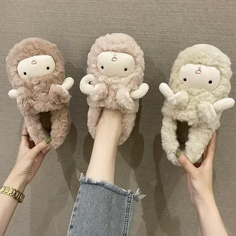包跟棉拖鞋女2024新款冬季室内居家防滑厚底可爱小羊毛绒保暖棉鞋商品大图