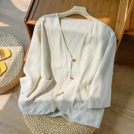 亚麻上衣短外套宽松文艺复古棉麻空调衫开衫休闲百搭2022春夏新款图片