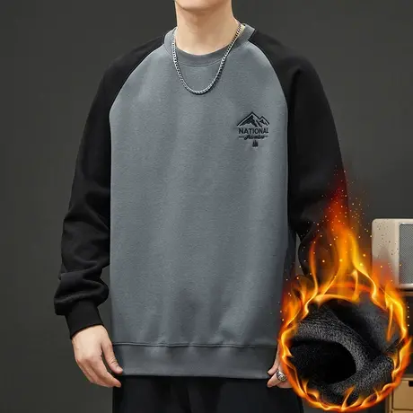 内搭保暖加绒圆领卫衣秋冬款重磅长袖上衣冬季男生潮牌撞色打底衫商品大图