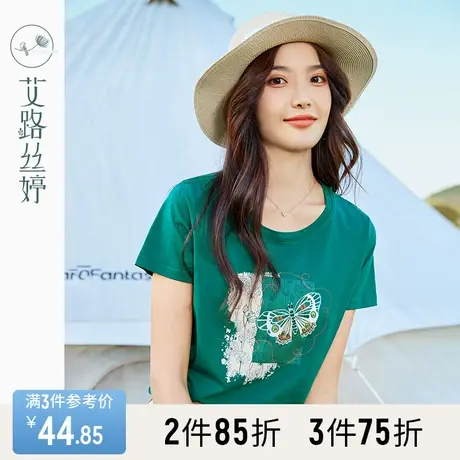 艾路丝婷蝴蝶趣味印花短袖T恤女2023夏装新款圆领甜美减龄风上衣商品大图