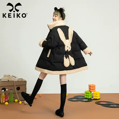 可爱拼贴卡通图案棉衣棉服女2022冬季新款羊羔毛拼接中长款外套厚商品大图