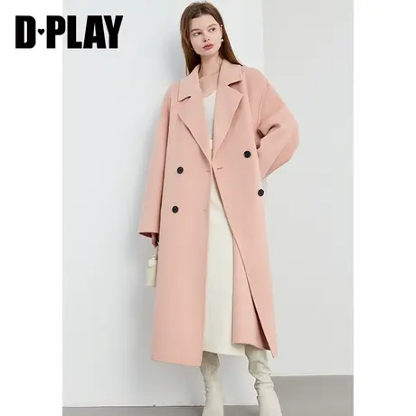 DPLAY冬新气质通勤橘色中长款小个子宽松羊毛双面呢大衣商品大图