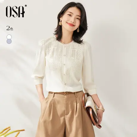 OSA欧莎优雅蕾丝花边衬衫女夏季2023年新款五分袖衬衣遮肚子上衣商品大图