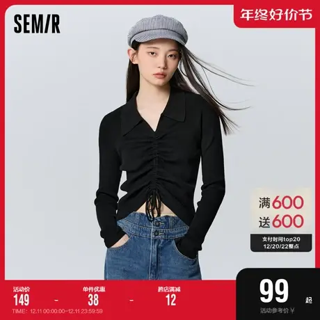 森马毛衣女短款polo领纯色修身显瘦冬季性感小心机抽绳套头衫法式图片