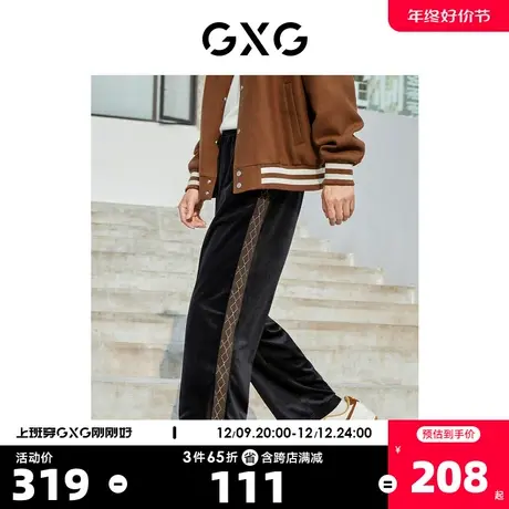 GXG奥莱 22年男装 黑色休闲直筒丝绒长裤织带设计秋新品复古系列商品大图