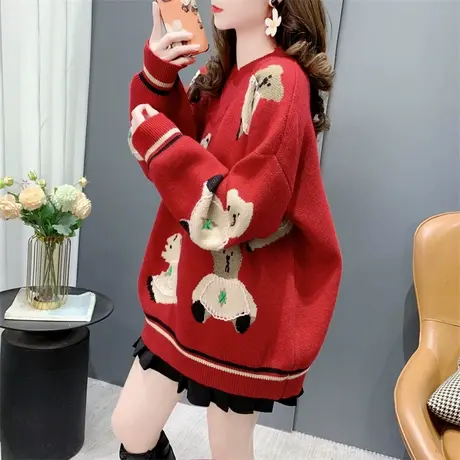 日系甜美可爱小熊红色圆领毛衣女秋冬2023新款宽松洋气减龄针织衫商品大图