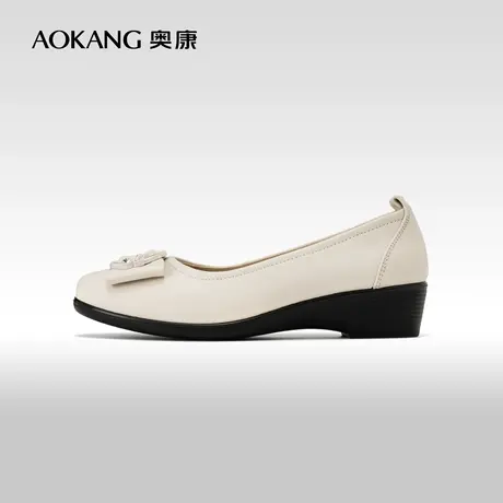 奥康女鞋 2024春季新款真皮简约中跟软底妈妈鞋纯色方头百搭单鞋商品大图