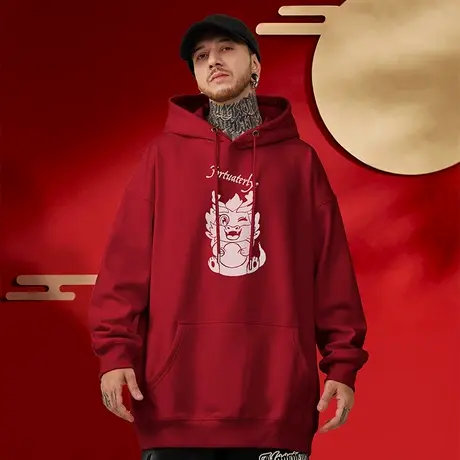 2024新年秋冬连帽国潮本命年红色龙年胖子卫衣男加绒潮牌大码男装商品大图