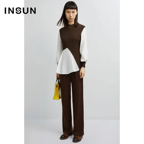 INSUN恩裳冬季不对称假两件拼接羊毛毛织衫图片
