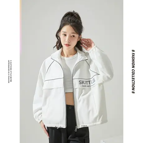 [商场同款]唐狮春季新款短外套女嵌条羊羔绒立领外套休闲百搭上衣图片