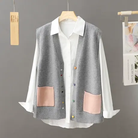 复古学院风拼色针织背心马甲无袖上衣外穿叠穿坎肩毛衣外套女开衫图片