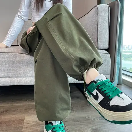 军绿色工装裤女2024春秋薄款高腰显瘦休闲小个子抽绳束脚运动裤子图片