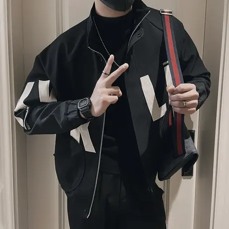 春季工装夹克男2024新款潮流痞帅字母印花棒球服青年立领外套上衣图片