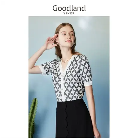 【爆款升级】Goodland美地女装2023夏V领几何提花撞色针织衫商品大图