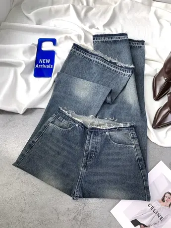 腰围毛边美式宽松牛仔喇叭裤女2024春季新款显瘦百搭高腰阔腿长裤商品大图