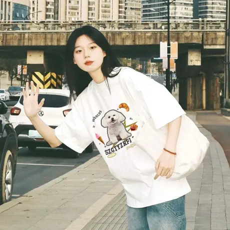 纯棉设计感小狗印花短袖t恤女夏季新款小众宽松半袖上衣潮牌原创商品大图