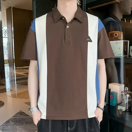 个性纯棉夏季翻领男短袖T恤韩版潮流拼接撞色衬衫领POLO衫港风男商品大图