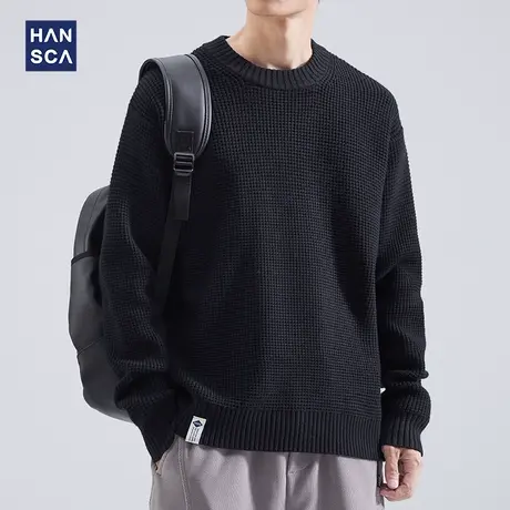 hansca慵懒风毛衣男士潮牌秋冬季纯色圆领套头宽松休闲针织打底衫商品大图