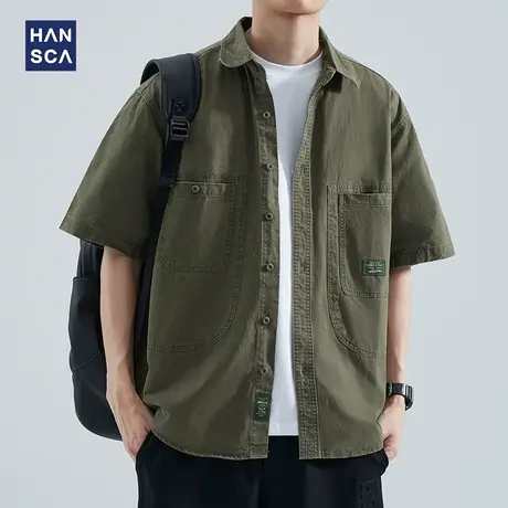 hansca大口袋工装短袖衬衫男夏季日系复古水洗潮牌军绿色衬衣外套商品大图