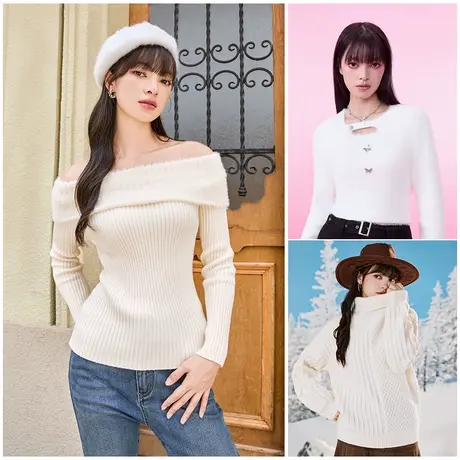 【毛衣季末清仓】三福新款春秋一字肩修身针织衫宽松开衫上衣女装商品大图