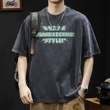 水洗潮牌短袖t恤男士宽松大码夏季2024新款男款半袖纯棉男装体恤商品大图