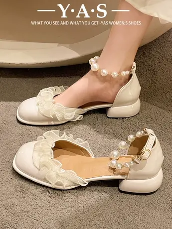 高跟鞋女粗跟春季红色伴娘婚鞋法式玛丽珍单鞋配裙子中跟包头凉鞋图片