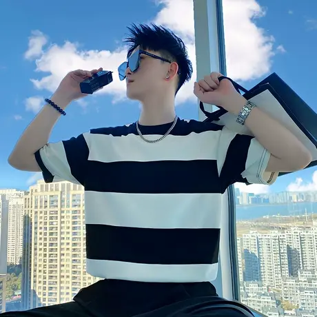 iins撞色条纹短袖T恤男夏季韩版宽松情侣半袖上衣潮牌体恤半截袖商品大图