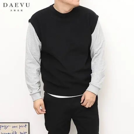 DAEVU秋冬卫衣袖拼接潮胖子加肥加大码男士长袖圆领针织衫商品大图