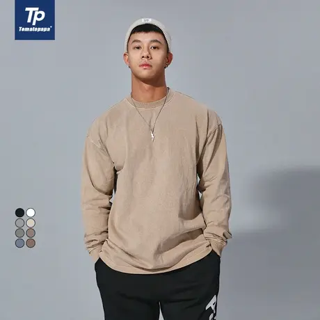 TOMATOPAPA秋季原创纯色宽松长袖T恤男士内搭上衣洗水潮流衣服商品大图