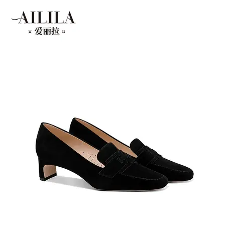爱丽拉黑色真皮工作鞋女2023新款粗跟气质方头单鞋不累脚舒适百搭商品大图