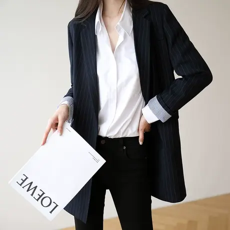 条纹小西装外套女职业装韩版上衣英伦风宽松休闲西服春秋270商品大图