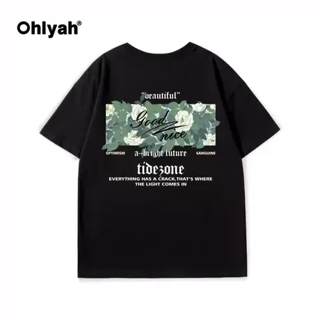 Ohlyah植物字母橘子花前后印花短袖男女同款情侣T恤夏季宽松体恤商品大图