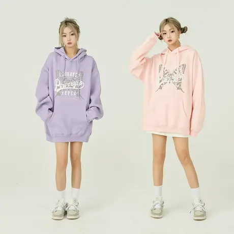 yep粉色连帽卫衣女春秋加厚反光印花外套美式复古上衣oversize潮商品大图