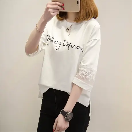 蕾丝花边短袖2023新款潮夏季韩版白色t恤女宽松中袖上衣ins七分袖商品大图