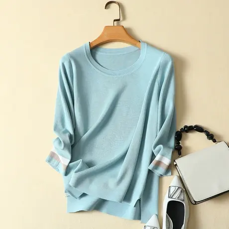 秋装2023年新款冰丝针织打底衫女毛衣内搭七分袖上衣宽松短袖t恤商品大图