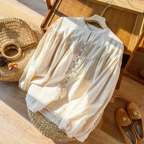 全棉圆领衬衫女文艺复古休闲设计感小众衬衣法式上衣2022春夏新款商品大图