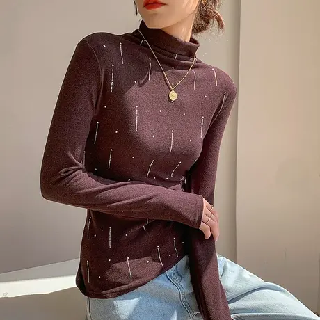 加厚德绒打底衫女秋冬设计感小众烫钻上衣内搭洋气半高领T恤长袖商品大图
