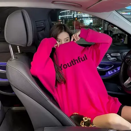 火龙果玫红色卫衣女宽松2023秋冬新款美式复古中长款加绒加厚上衣商品大图